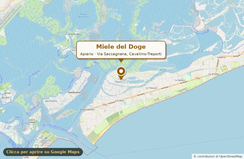 Cartina della laguna di Venezia con la posizione dell’apiario Miele del Doge in Via Saccagnana, Cavallino-Treporti
