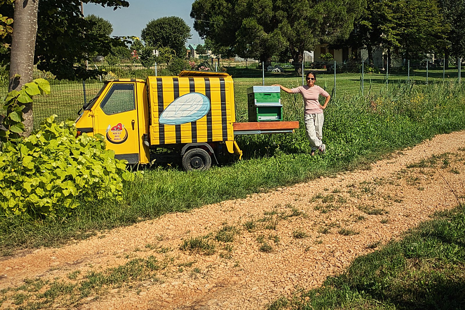 L’Ape Car gialla e nera di Miele del Doge parcheggiata nell’apiario di Saccagnana